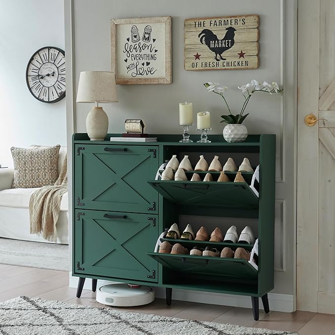 Shoe Storage Cabinet,Farmhouse Shoe Organizer with 4 Flip Drawers & Barn Door Design,Freestanding Hidden Slim Narrow Shoe Rack Cabinet for Entryway,Foyer,Hallway,Green