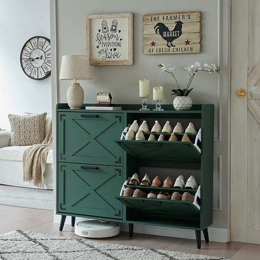 Shoe Storage Cabinet,Farmhouse Shoe Organizer with 4 Flip Drawers & Barn Door Design,Freestanding Hidden Slim Narrow Shoe Rack Cabinet for Entryway,Foyer,Hallway,Green