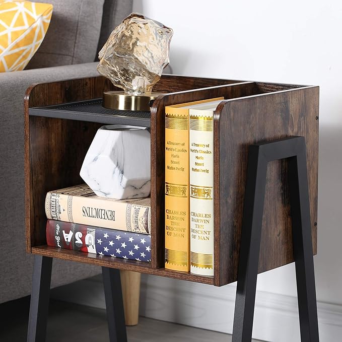 VECELO Nightstand Set of 2,Industrial End Table,Bedside Table with 2-Tier Open Storage Shelves,Wood Side Table with Metal Frame for Bedroom, Living Room,Small Spaces