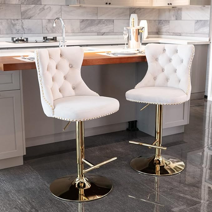 PacknWood Acosure Golden Swivel Velvet Barstools Adjusatble Seat Height from 25-33" with Comfortable Tufted,Modern Upholstered Chrome Base Bar Chairs,for Home Pub Kitchen,Beige,Set of 2