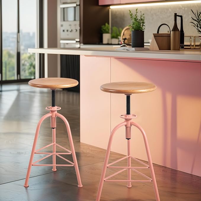 Set of 2 Modern Bar Stools-24.4-28.3 Counter Height Adjustable Patio Stool-Industrial Dining Stool for Home Kitchen-Retro Cafe Chairs with Swivel Wooden Seat