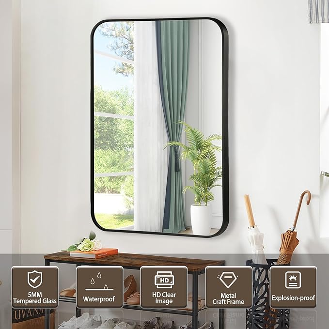 Black Bathroom Mirror, 26x38 Inch Matte Black Mirror, Aluminum Alloy Framed Vanity Mirror, Rounded Rectangle Mirror for Over Sink, Anti-Rust Wall Mirror (Horizontally or Vertically)