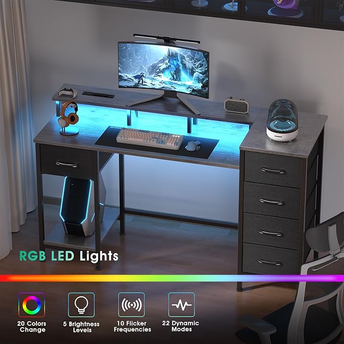 47 Inch Computer Gaming Desk with Power Outlets & LED Lights Reversible Home Office Desk with Adjustable 5 Fabric Storage Drawers for Working Writing Study, Grey