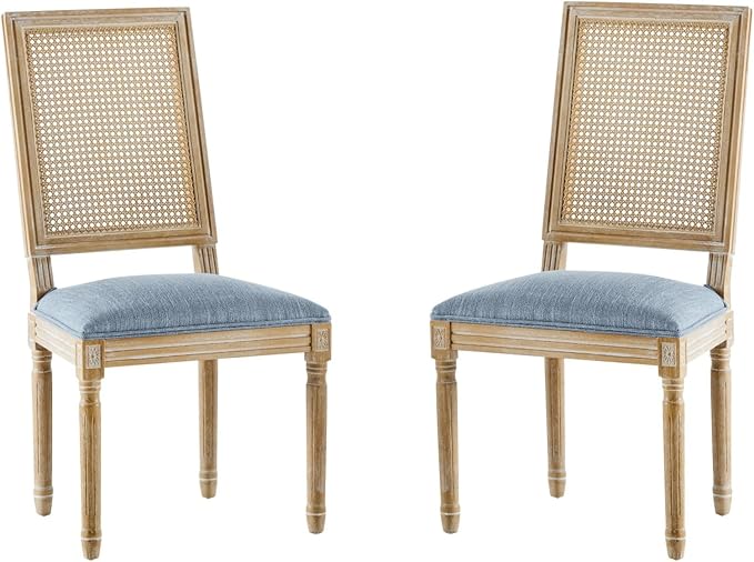 Merax Upholstered Solid Wood Dining Chairs Set of 2, French Country Style Accent Side Seating Furniture for Kitchen, Living Room, Wicker Back, Slate Blue