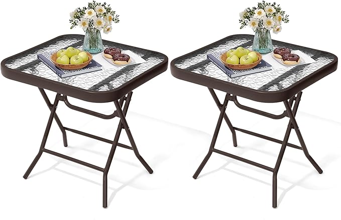Foldable Outdoor Side Table Set of 2 with Tempered Glass Top Square 18" Folding Patio Side Tables Set of 2 Small Glass End Table for Patio Porch Yard Balcony Deck Lawn Dining Garden (Brown)