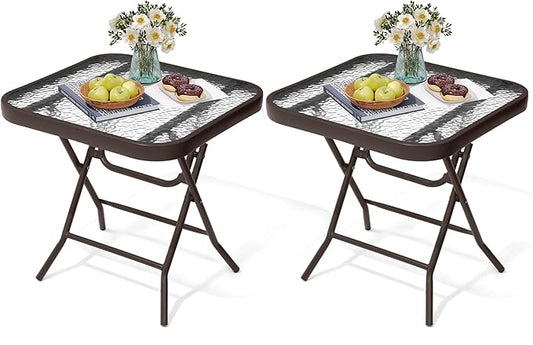 Foldable Outdoor Side Table Set of 2 with Tempered Glass Top Square 18" Folding Patio Side Tables Set of 2 Small Glass End Table for Patio Porch Yard Balcony Deck Lawn Dining Garden (Brown)