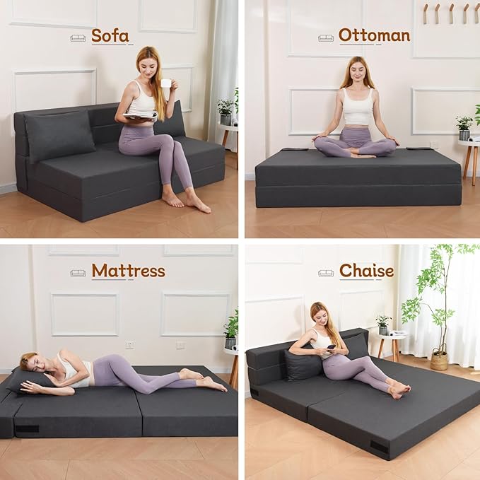 Folding Sofa Bed, Foldable Bed Sleeper Chair with Pillow, Convertible Sofa Bed with Washable Cover, Fold Out Couch,Futon Couch for Living Room, Dorm, Guest Room, Queen Size, Dark Grey