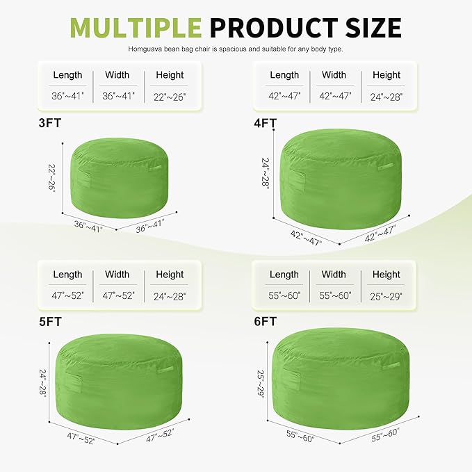 Homguava 5 FT Bean Bag Chair: 5' Bean Bags with Memory Foam Filled, Large Beanbag Chairs Soft Sofa with Dutch Velvet Cover-Lime