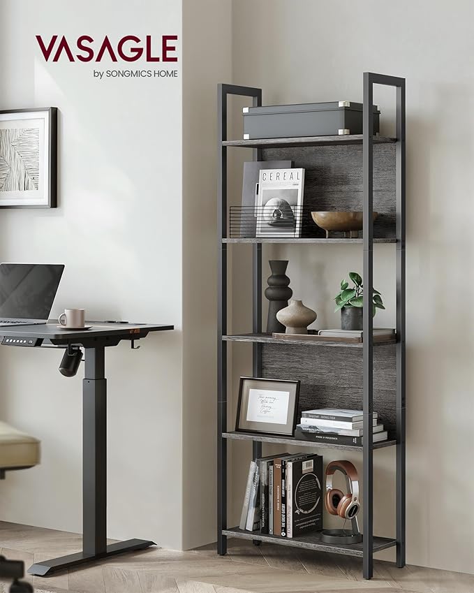 VASAGLE 5-Tier Bookshelf, Book Shelf, Industrial Bookcase, with Steel Frame, for Living Room, Home Office, Bedroom, 9.4 x 24.4 x 65 Inches, Charcoal Gray and Black ULLS025B04