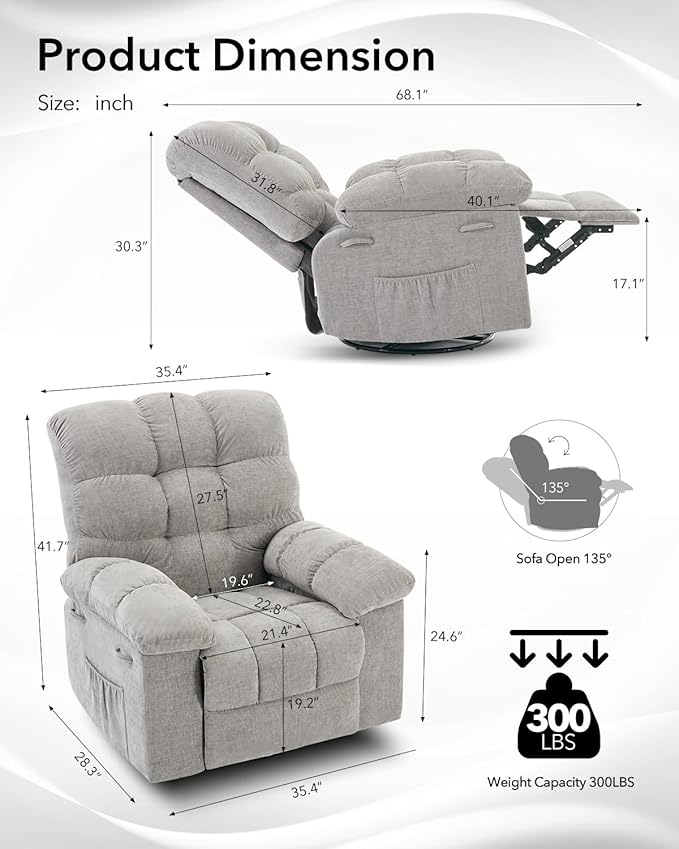 Rocking Recliner Chair,360° Swivel Rocker Chair for Living Room,Upholstered Fabric Glider Nursery Chair with Side Pockets for Small Spaces,Q235 Steel Frame Lazy Boy Recliner Single Sofa(Grey)