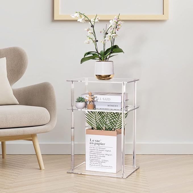 HMYHUM Clear Acrylic End Table, 3-Tier Side Table/Nightstand, 15.7" L x 11.8" W x 23.4" H
