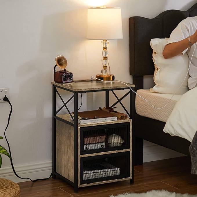 VECELO Dust Grey End Table with USB Ports and Outlets,24 Inch Nightstands with Charging Station and Storage Shelf for Bedroom,Living Room, 1 Set