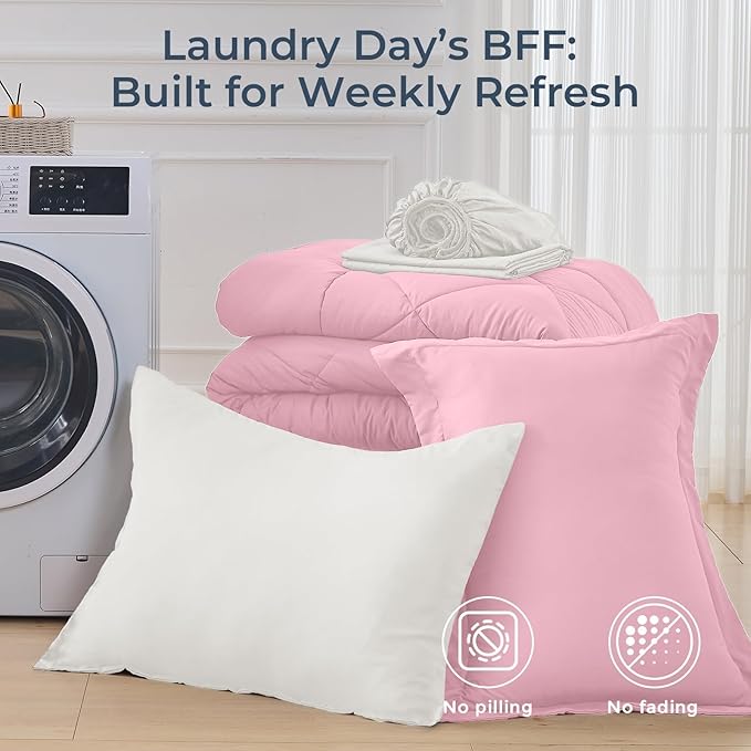 HEVUMYI Twin Comforter Set - 5-Piece All Season Bed in a Bag Twin, Ultra Soft Bedding Set with Comforter, Flat Sheet, Fitted Sheet, Pillowcases, Pillow Shams, Pink & Ivory