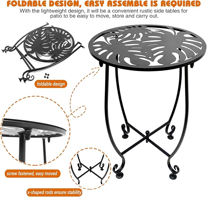 Outdoor Side Table for Small Spaces, 2 Pack 14 Inch Round Metal End Table for Patio Balcony Yard Porch, Anti-Rust Waterproof Accent Table for Indoor Outdoor Use, Easy Assembly