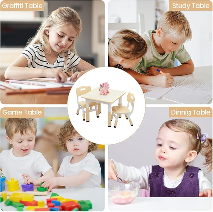 GarveeHome Kids Table and 2 Chairs Set, Height Adjustable Toddler Table and Chair Set for 2, Graffiti Desktop, Non-Slip Design, Children Table for Home Daycare Preschool for Ages 2-8, Beige