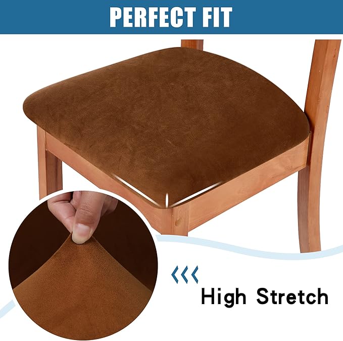 Smiry Velvet Seat Covers for Dining Room Chair Set of 2, Stretch Fit Removable Washable Chair Seat Cushion Protector Slipcovers with Ties, Camel