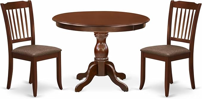 East West Furniture HBDA3-MAH-C 3 Piece Dining Set Contains a Round Dining Room Table with Pedestal and 2 Linen Fabric Upholstered Chairs, 42x42 Inch, Mahogany