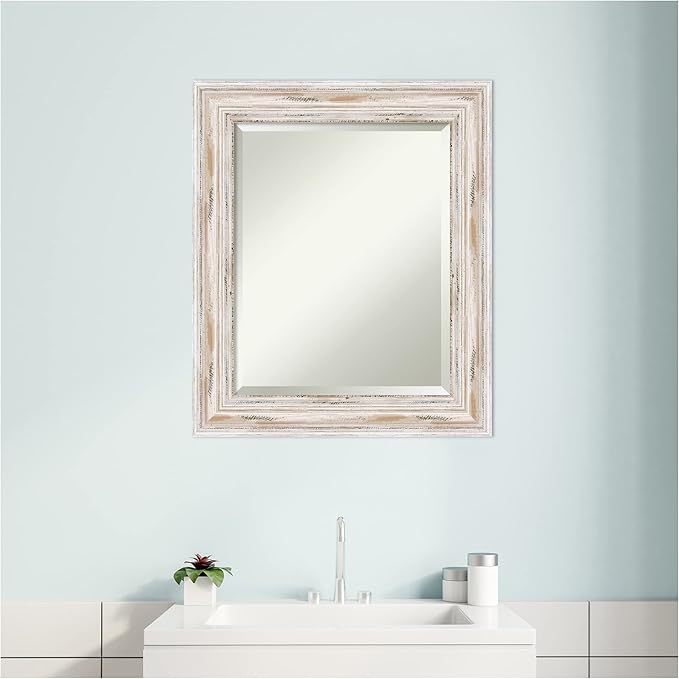 Amanti Art White Bathroom Mirror for Over Sink, 25x21 Alexandria White Wash Rectangle Vanity Mirror, Small Coastal Wood Frame, Hangs Horizonally and Vertically, Bathroom Wall Decor, Beveled Edge