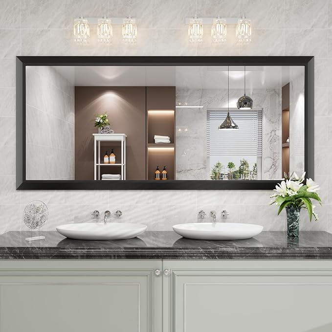 Amorho Black Bathroom Mirror, 72X32 Inch Thick Metal Framed Wall Mirrors for Over 2 Sinks, Bedroom, Living Room, Entryway, Large Rectangle Wall-Mounted Mirrors.