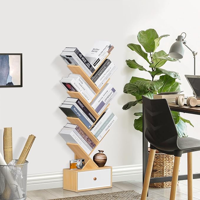 8 Tier Tree Bookshelf with Drawer, Free Standing Wood Bookcase for Narrow Space, Storage Organizer Bookshelves for Books, Book Case for Home Office, Living Room, Bedroom - Natural