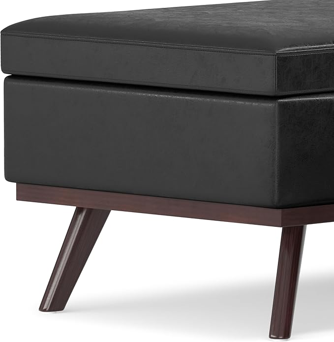 SIMPLIHOME Owen 42 inch Wide Mid Century Modern Rectangle Lift Top Large Coffee Table Storage Ottoman in Distressed Black Vegan Faux Leather, Assembled, for the Living Room, Entryway and Family Room