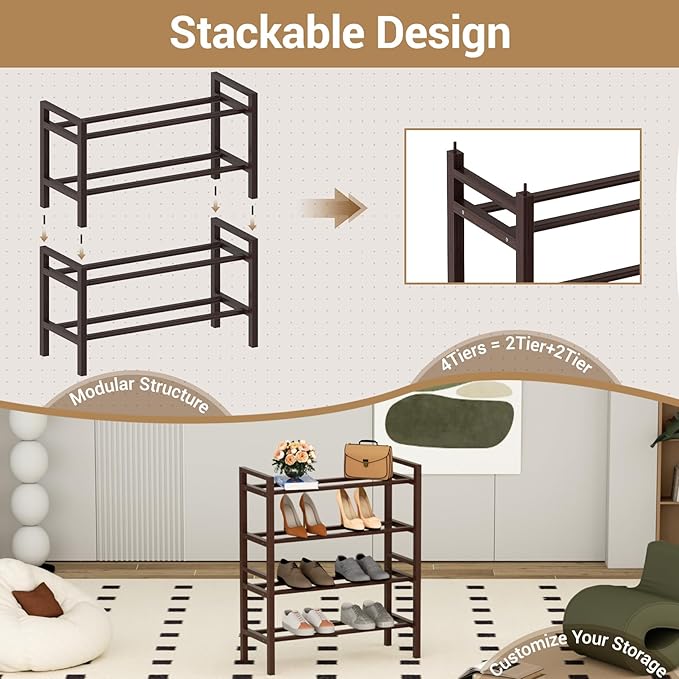 Haddockway Bamboo Shoe Rack for Closet, Free Standing Shoe Organizer with Smooth Round Rods & Convenient Handles, Stackable Shoe Storage Shelf for Entryway, Hallway(Brown, 4-Tier(Small))