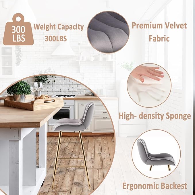 Sidanli Gold Bar Stools Set of 2, 29” Velvet Barstools, Kitchen Chairs for Counter Height with Back and Footrest, Gray