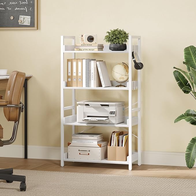 Rolanstar Bookshelf 4 Tier with 4 Hooks, Industrial Bookcase, Vintage Storage Rack with Open Shelves, Rustic Standing Bookshelves Metal Frame Display Rack for Living Room, Bedroom, White