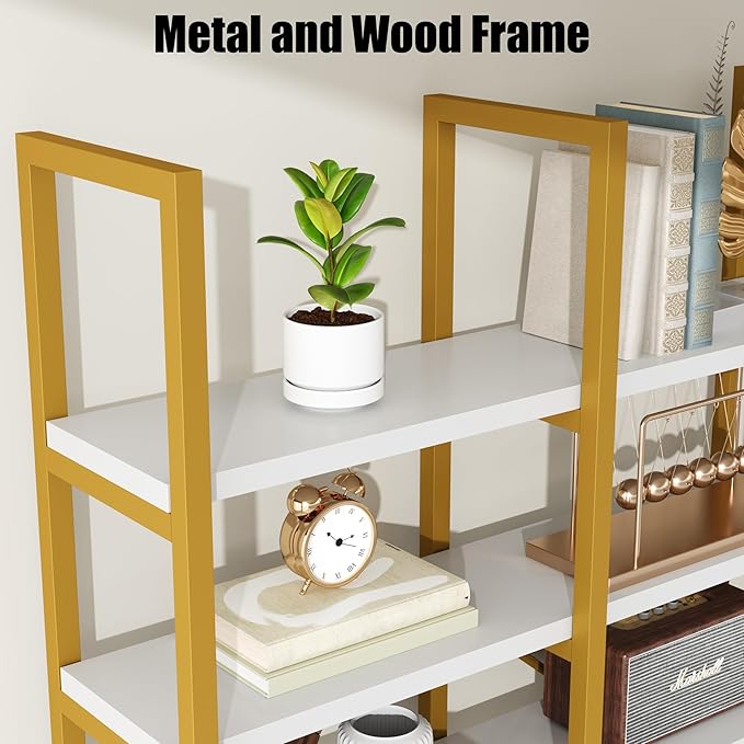 Semoic Large Bookshelf 5 Tiers, Triple Wide Geometric Bookcase, 71 Inches Tall Industrial Book Shelves Etagere Book Case, Sturdy Metal Frame, Freestanding Display Shelving Unit (Gold and White)