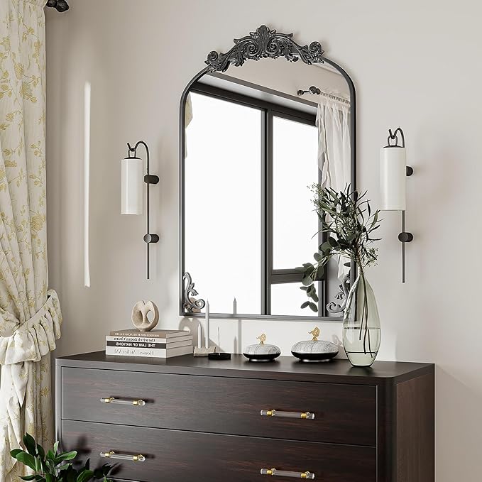 26x38 inch Vintage Arched Bathroom Mirror - Gorgeous Wall Vanity Mirror with Beautiful Retro Top and Bottom Engraving Process Frame for Entryway Hallway Living Room, Black
