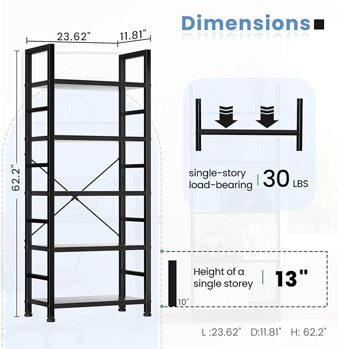 DUMOS 5 Tier Book Shelf Tall Modern Bookcase Set of 2 for Books, CDs, Movies, Storage and Organization Bookshelf Industrial Home Decor for Bedroom Office Kitchen Living Room, Black