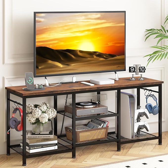 YGEOMER Entertainment Center for 55 inch TVs, TV Stand with Power Outlet and Open Storage Shelves, TV Media Console Table for Living Room and Bedroom, Rustic Brown