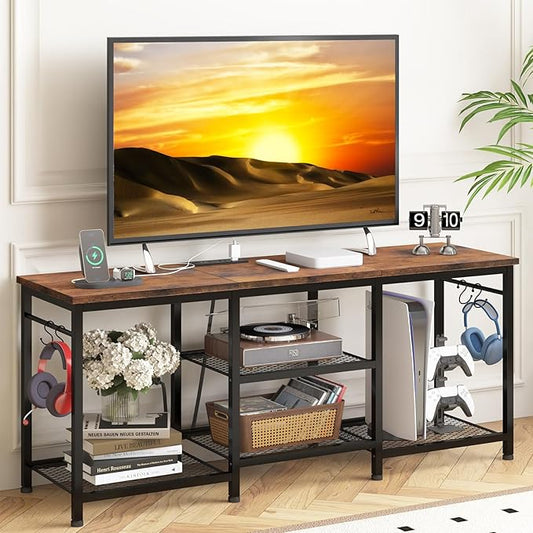 YGEOMER Entertainment Center for 55 inch TVs, TV Stand with Power Outlet and Open Storage Shelves, TV Media Console Table for Living Room and Bedroom, Rustic Brown