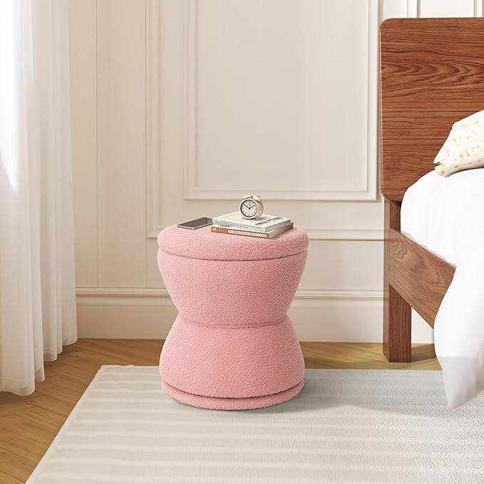 Round Ottoman with Storage, 360° Swivel Boucle Ottoman Vanity Stool, Upholstered Footstool with Storage Removable Lid, Modern Footrest Coffee Table for Living Room, Dorm, Makeup Room, Pink