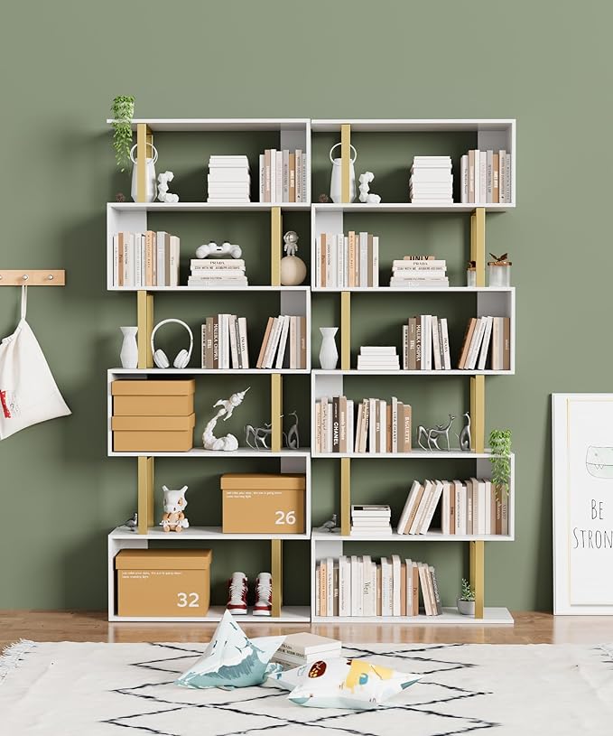 Gadroad 6-Tier Geometric Bookcase,S Shaped Bookshelf, Wood Decorative Storage Shelving, Modern Freestanding Display Shelves, Tall Book Shelf Unit for Living Room Bedroom