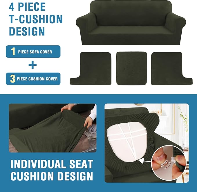H.VERSAILTEX Sofa Cover 4 Piece T Cushion Sofa Slipcovers Thick Velvet Couch Cover Stretch T Cushion Sofa Covers for 3 Cushion Couch with 3 Individual T Cushion Covers, Olive