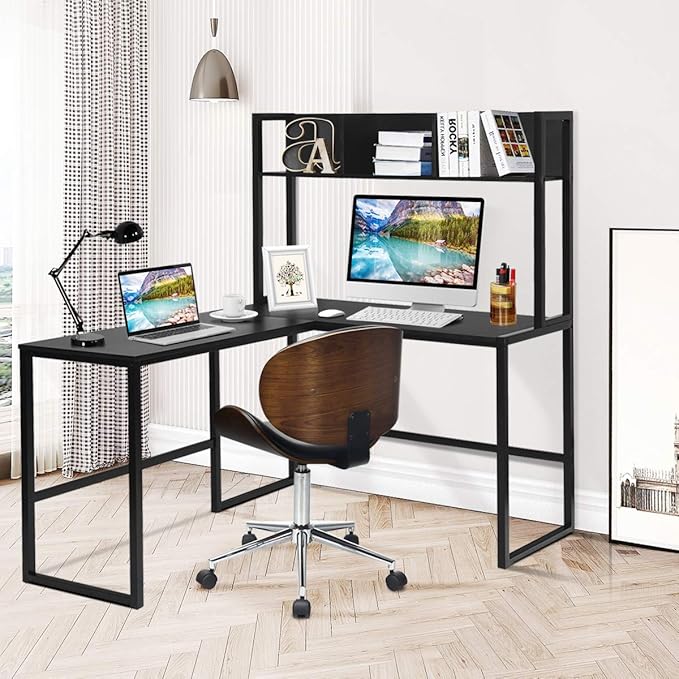Tangkula Reversible L-Shaped Desk with Hutch, Space Saving Corner Computer Desk with Storage Shelves, Home Office Study Writing Desk Computer Workstation with Storage Bookshelf, Gaming Desk