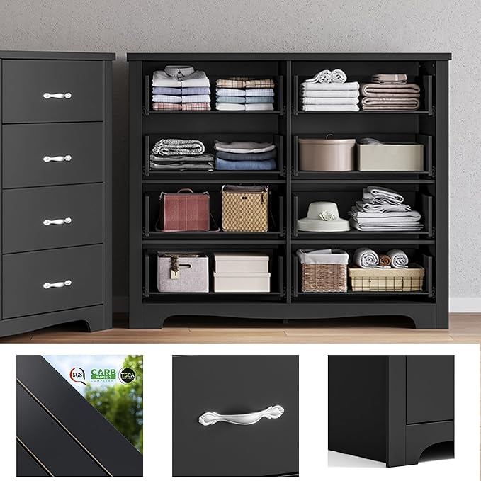 LINSY HOME 8 Drawers Dresser for Bedroom, 47" Wide Rustic Wood Dressers & Chests of Drawers, 40" Tall Modern Storage Dresser with Antique Handles for Closet, Living Room, Hallway, Black