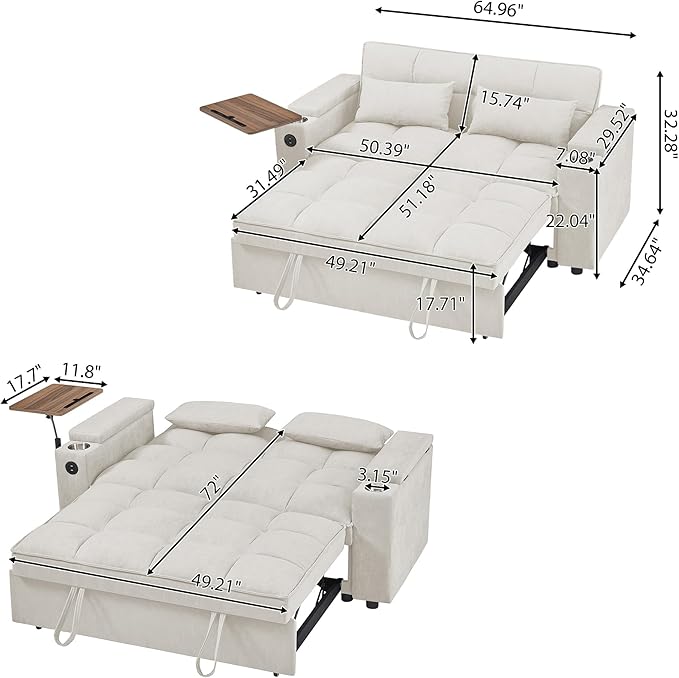 65-inch Multifunctional Loveseat Pull Out Sleeper Sofabed W/Cupholders, Oversized 3-in-1 Convertible Love Seat with Pull-Out Sleeper Couch Bed, Storage, USB Ports, Side Table for Living Room Bedroom