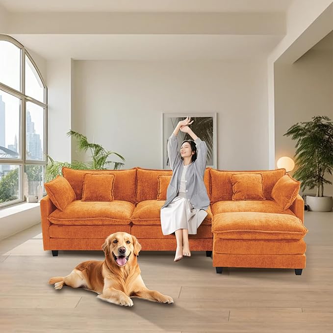 Furniliving 112‘’ L-Shaped Sofa, Luxury Chenille Modular Sectional Couches with Ottoman, Upholstered Deep Seat Sleeper Sofa with Memory Foam and Waist Pillows, Orange