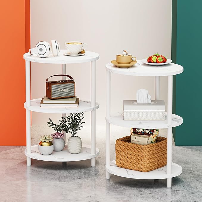 Small Round Side Table - 3-Tier Oval Accent Table for Small Spaces, Rustic Wood and Metal Couch End Table, Nightstand for Bedroom or End Table Living Room, Set of 2, Marble White