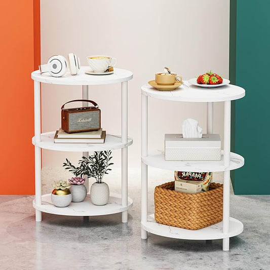 Small Round Side Table - 3-Tier Oval Accent Table for Small Spaces, Rustic Wood and Metal Couch End Table, Nightstand for Bedroom or End Table Living Room, Set of 2, Marble White