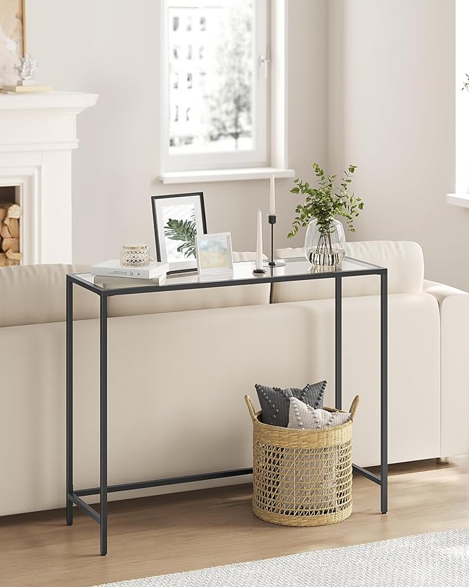 VASAGLE 39.4 Inches Console Table, Tempered Glass Sofa Table, Modern Entryway Table, Metal Frame, Easy to Assemble, Adjustable Feet, for Living Room, Hallway, Black ULGT026B01