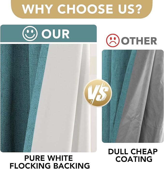 H.VERSAILTEX Linen Blackout Curtains 45 Inches Long 100% Absolutely Blackout Thermal Insulated Textured Linen Look Curtain Draperies Anti-Rust Grommet, Energy Saving with White Liner, 2 Panels, Teal