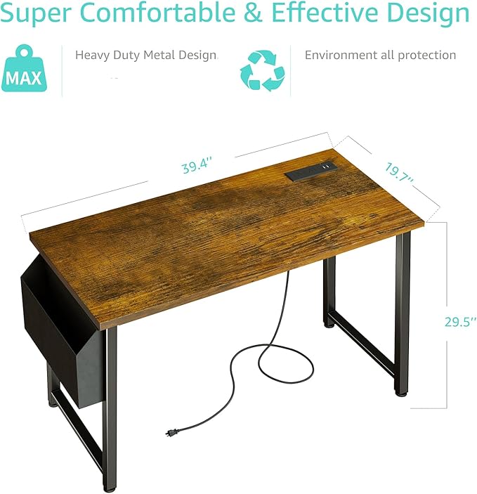 Lufeiya 40 inch Computer Desk with Power Outlet, 39 inch Teen Study Table Home Office Work Writing Desk with Charging Station Outlets Built in, Rustic Brown