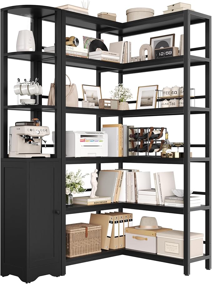 Keyluv Black Corner Bookshelf 72" Tall Corner Book Shelves Cases 2 Pieces Open Bookcase Large Storage Display Shelf Standing 6 Tier Shelving Unit with Cabinet for Home office Living Room, Wood & Metal