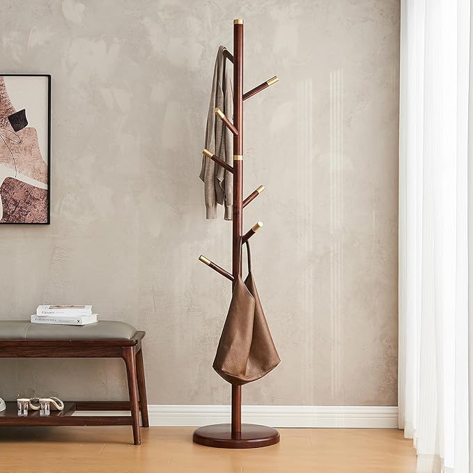 CozyDH Coat Rack Freestanding Solid Wood Coat Rack Stand, Coat Tree Freestanding with 7 Hooks Creative Tree Branch-look for Entryway, Hallway, Bedroom (Walnut)