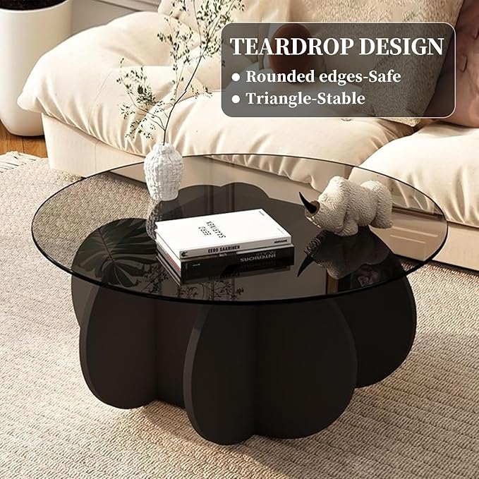 Mid Century Modern Round Glass Coffee Table for Living Room, Black Small Coffee Table for Center, Suitable for Bedroom Living Room Reception Office Tables (Black/Grey)