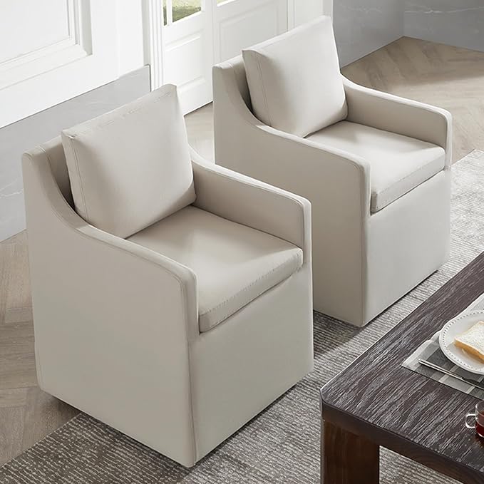 Upholstered Dining Chairs with Casters Washable Cover Side Deskchair with Rollers for Diningroom, Living Room, Flax Beige, 1 Box