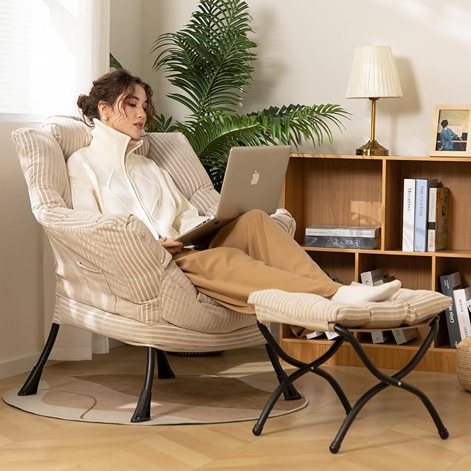 HollyHOME Fabric Lazy Chair with Foldable Ottoman, Accent Comfy Lounge Arm Chair and Folding Footrest Stool Set, Leisure Sofa Reading Chair and Footstool for Living Room, Bedroom, Dorm, Beige Stripe